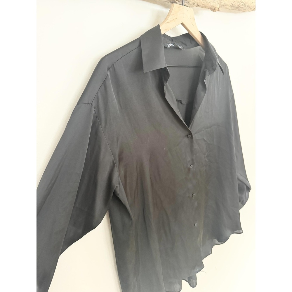 ZARA Black Button Up Collared Long Sleeve Blouse Shirt Top Womens M